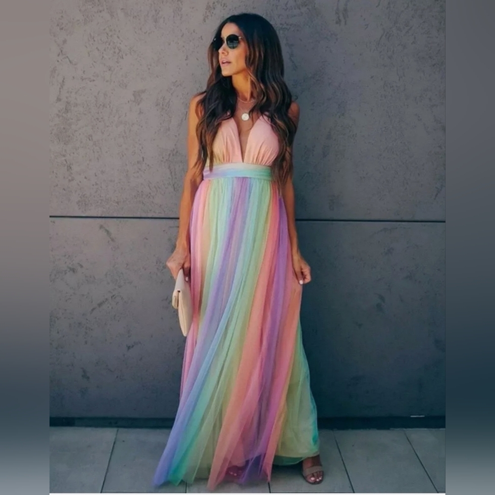 Summer Women Beach Mesh Dress Rainbow Color Spaghetti Straps Party Long Dresses